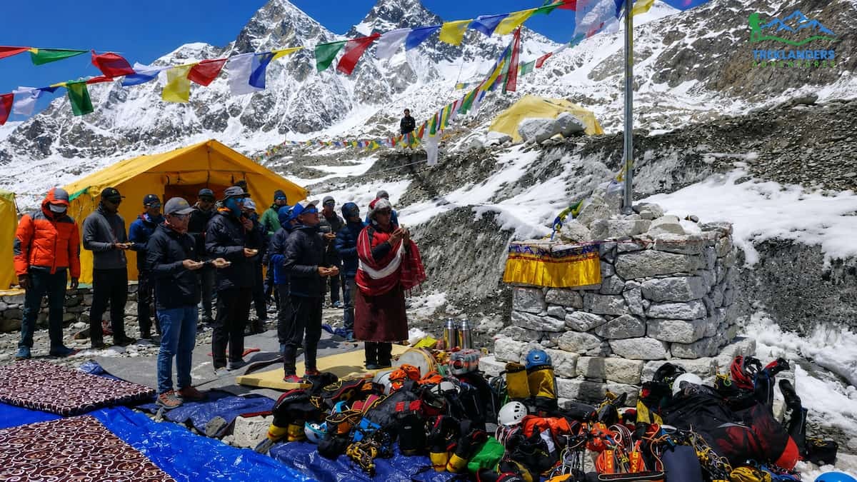 Sherpas performing a puja ceremony at Everest Base Camp before starting the Everest expedition
