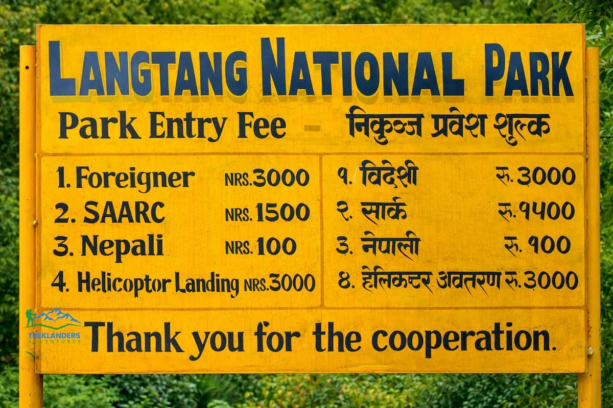 Langtang National Park Entry fee list