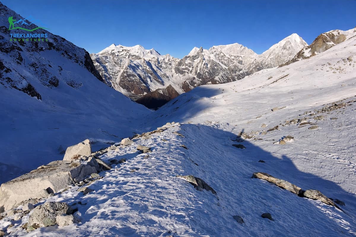 Trail through Bimthang Valley from Larkya La Pass during the Manaslu Circuit Trek in winter.