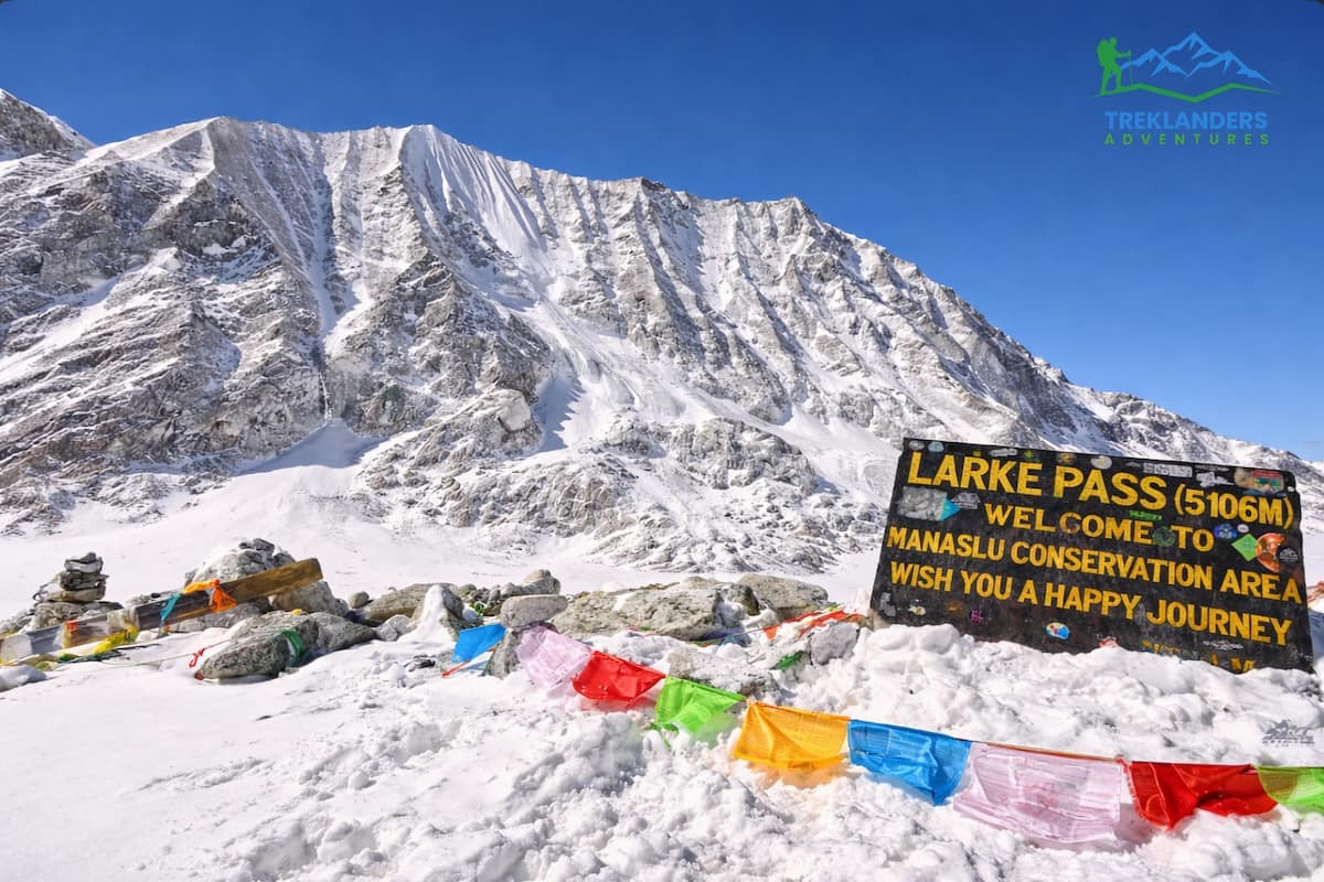Larkya La Pass during the Manaslu Circuit Trek in winter.