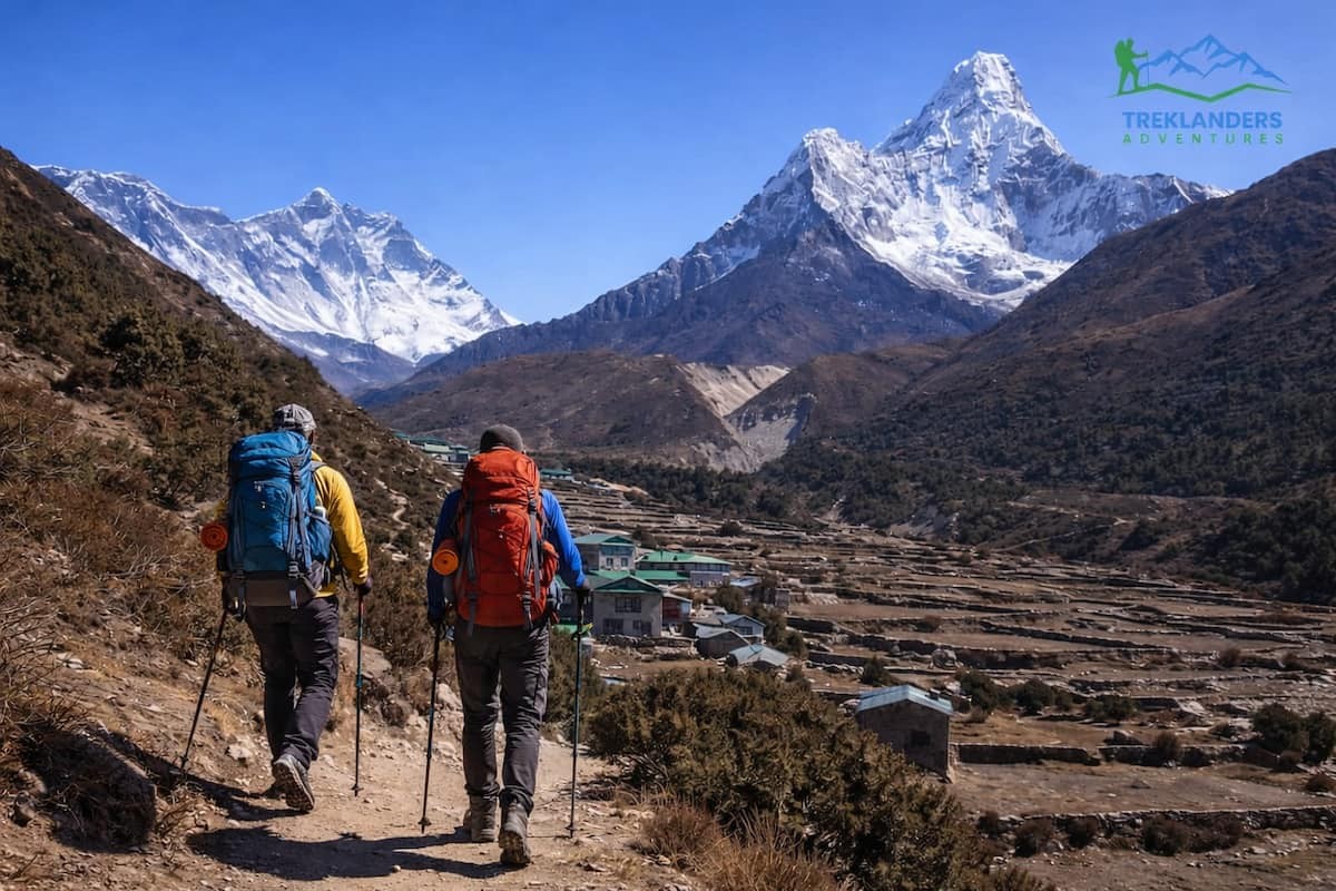 Trekkers walking along the Dingboche Valley
