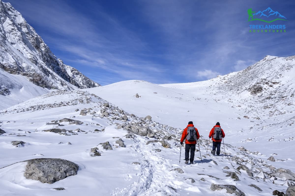 Trekkers crossing Larkya La Pass during the Manaslu Circuit Trek
