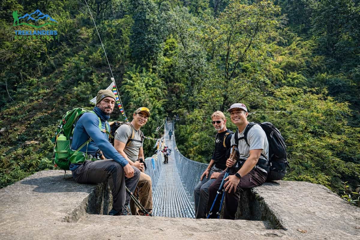 Suspension bridge over the Langtang River with happy clients