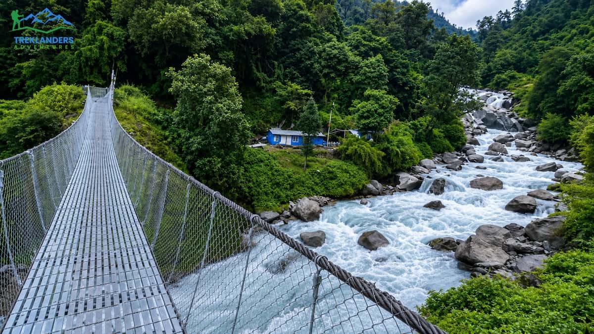 Langtang River Crossing via a Suspension Bridge