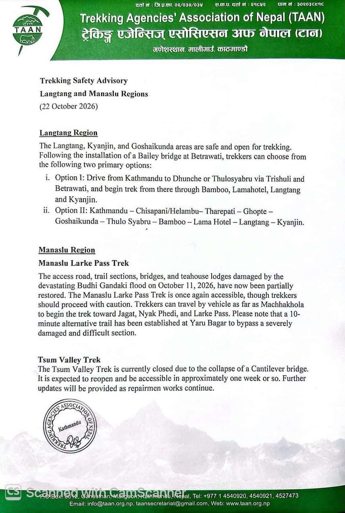 TAAN Trekking Safety Advisory Says