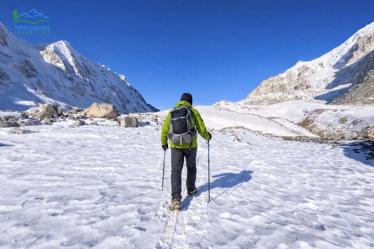 Trekkers crossing Larkya La Pass during the Manaslu Circuit Trek