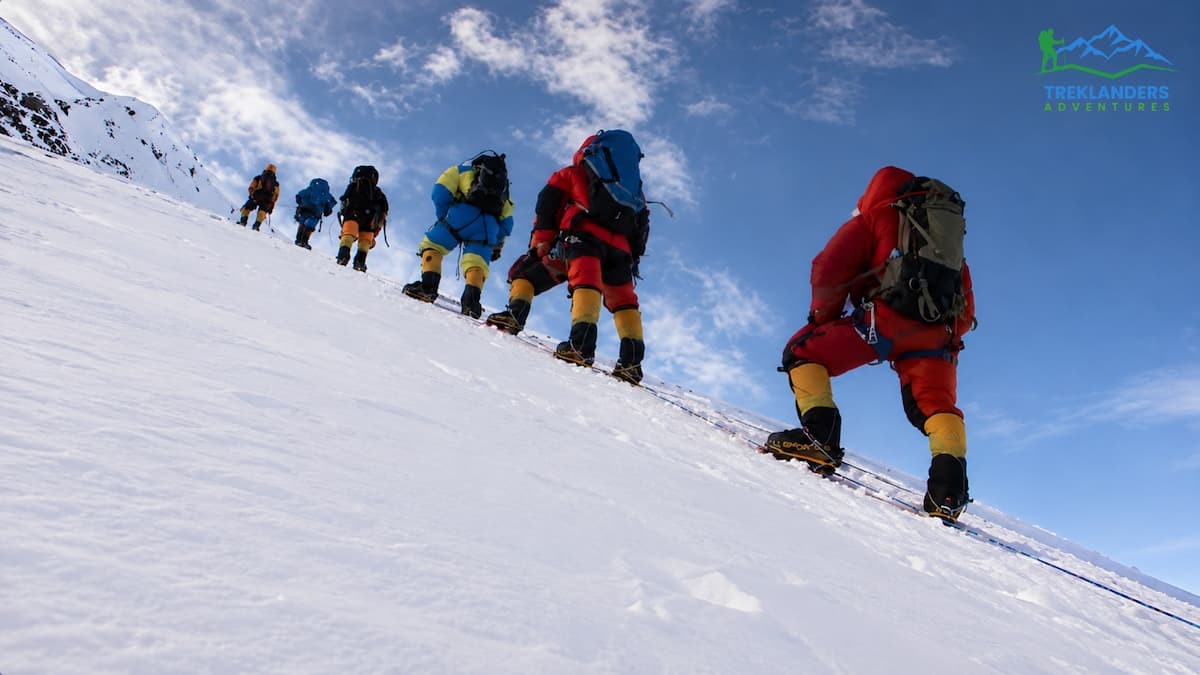 Climbers ascending the Everest summit with the support of Sherpas