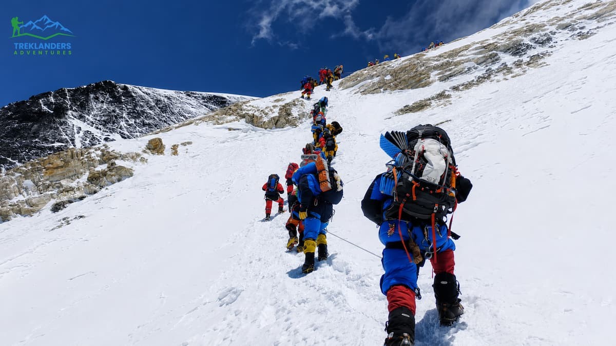 Climbers ascending the Everest summit with the support of Sherpas