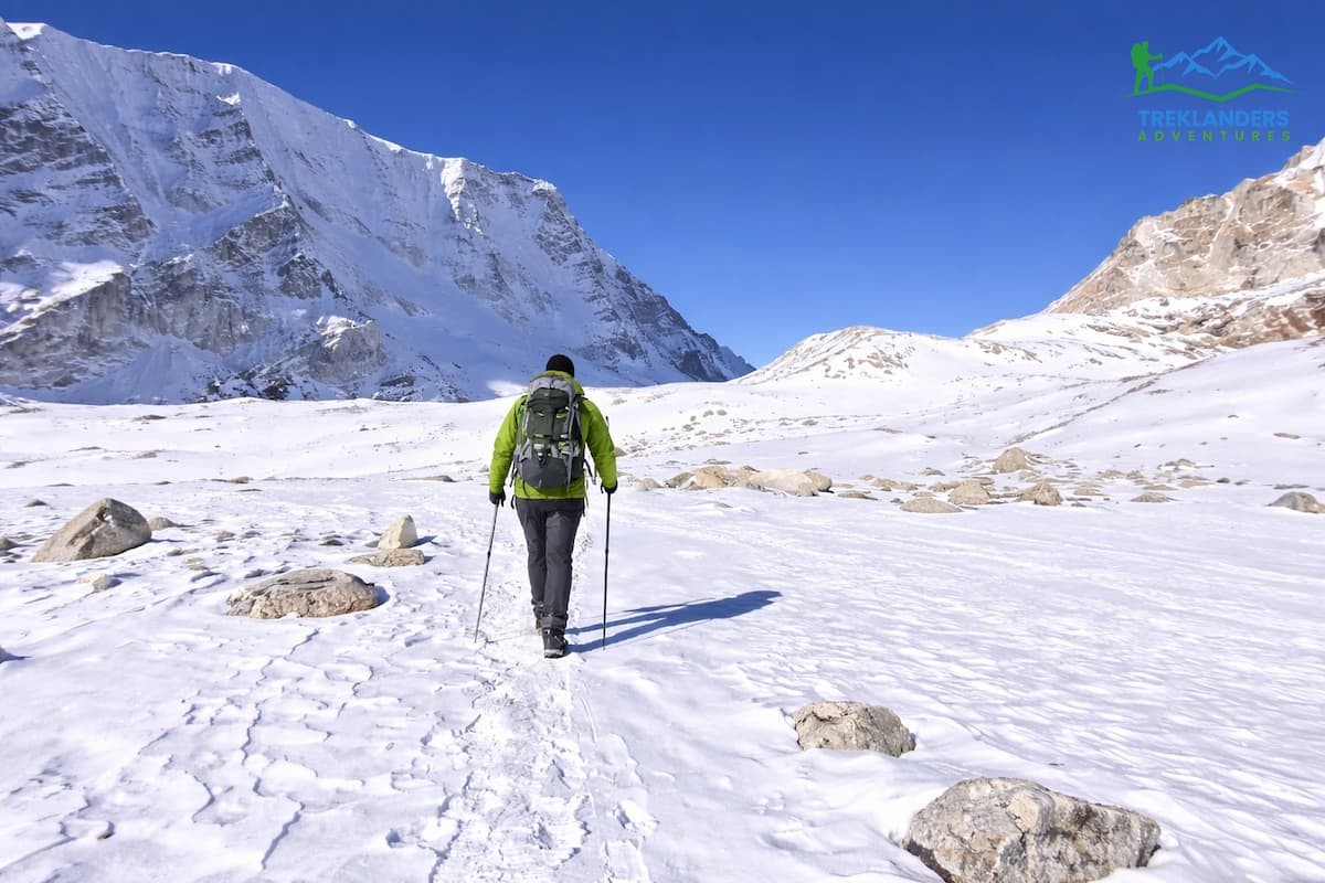 Trekkers crossing Larkya La Pass during the Manaslu Circuit Trek