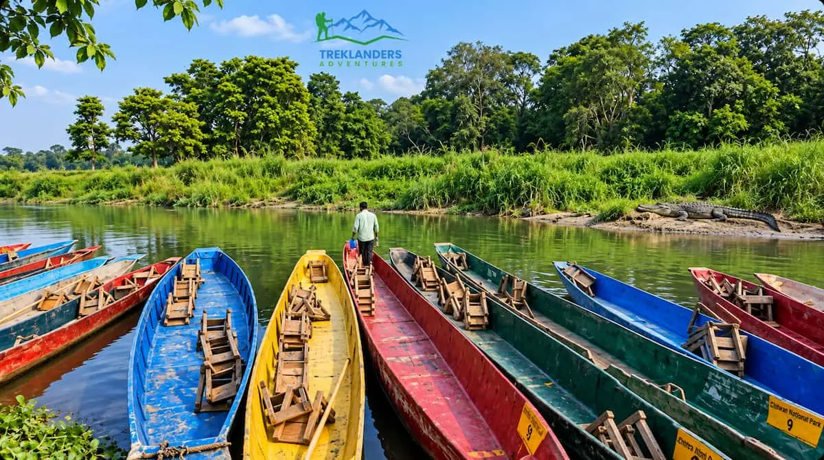 Colorful canoe boats rest by a green riverbank in Chitwan